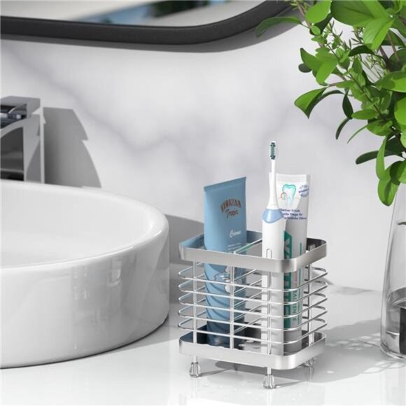 Stainless Steel Toothbrush Holder Wall Mounted Countertop Bathroom Organizer - Picture 2 of 7